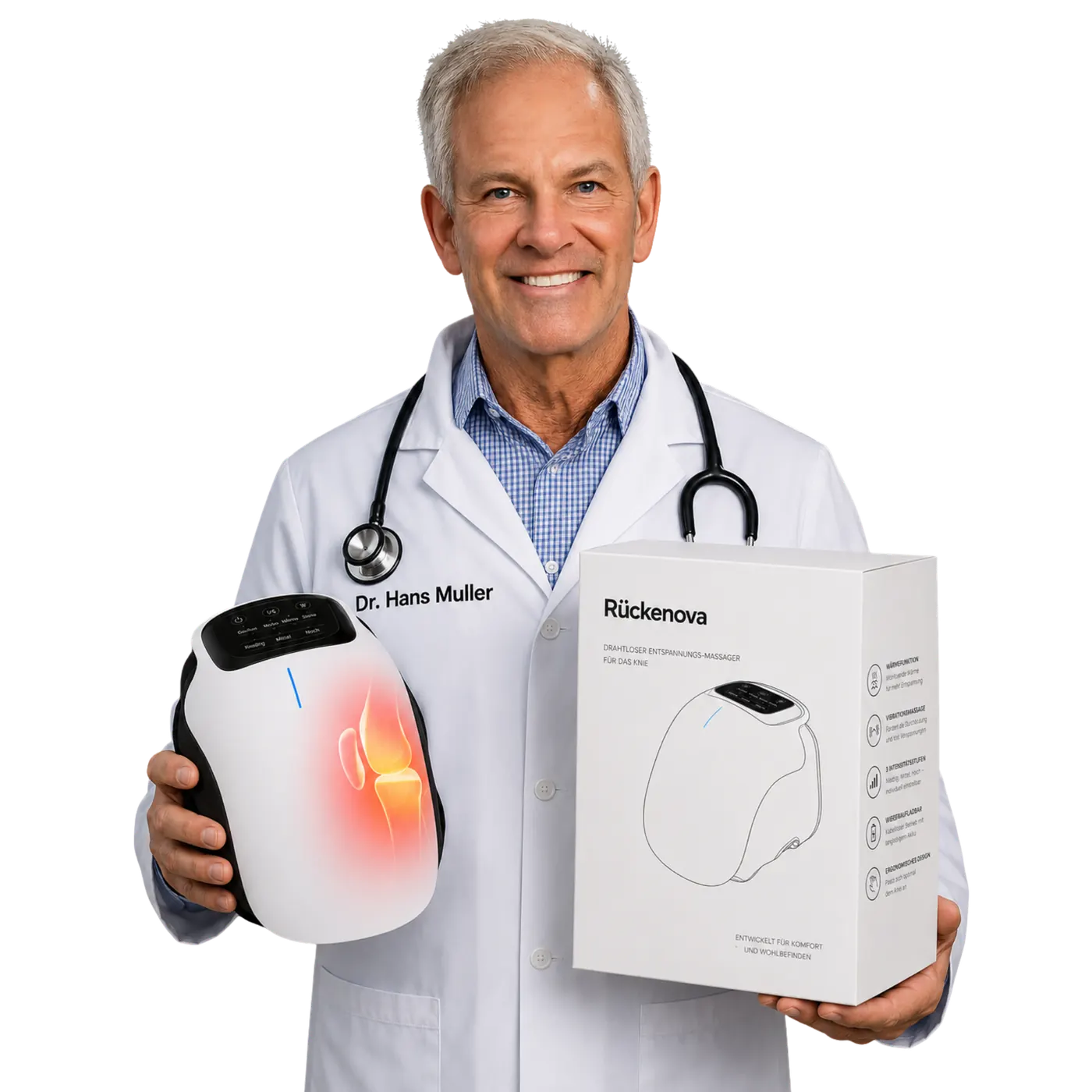 Dr. Hans Muller mit Rückenova Knie-Massagegerät